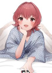 Rule 34 | 1girl, bath yukata, blush, breasts, cellphone, cleavage, collarbone, hair between eyes, japanese clothes, kantai collection, kimono, kinu (kancolle), looking at viewer, lying, medium breasts, on stomach, one-hour drawing challenge, open mouth, phone, red eyes, red hair, short hair, simple background, smartphone, smile, solo, white background, wide sleeves, yamashichi (mtseven), yukata