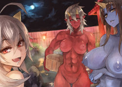 Rule 34 | 3girls, abs, blue oni, blue skin, breasts, brown hair, colored skin, demon girl, fang, frown, horns, jonasan, large breasts, light areolae, long hair, looking at viewer, monster girl, multiple girls, muscular, muscular female, nipples, nude, oni, oni horns, onsen, open mouth, original, parted lips, pepe (jonasan), pointy ears, pussy, red eyes, red oni, red skin, short hair, silver hair, toned, uncensored, yellow eyes