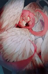 Rule 34 | 1boy, absurdres, blood, blood on face, blood on hands, bloody wings, bright pupils, chinese commentary, commentary request, feathered wings, hatsutori hajime, highres, long hair, long sleeves, male focus, multiple wings, pants, pink hair, red eyes, saibou shinkyoku, shirt, solo, songlajihuijia, white pants, white pupils, white shirt, white wings, wings
