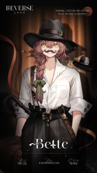 Rule 34 | 1girl, :3, arm behind back, belt, bette (reverse:1999), black belt, black hat, black pants, bow, braid, breast pocket, brown background, brown hair, cane, character name, collared shirt, copyright name, cowboy shot, curtains, english text, fake facial hair, fake mustache, fedora, green bow, hair between eyes, hair bow, hair over shoulder, hat, highres, holding, holding clothes, logo, long hair, looking at viewer, official art, pants, pocket, reverse:1999, shirt, shirt tucked in, single braid, sleeves past elbows, solo, spotlight, suspenders, suspenders slip, white shirt, yellow eyes