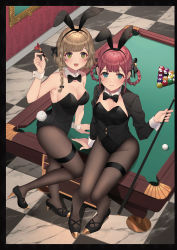 2girls, 8-ball, :d, animal ears, aqua eyes, arm support, armpit peek, ball, bangs, bare arms, bare shoulders, billiards, black border, black footwear, black jacket, black legwear, black leotard, black neckwear, black ribbon, black straps, blunt bangs, border, bow, bowtie, braid, bread, breast cutout, breasts, bunny ears, bunny tail, checkered, checkered floor, cleavage, closed mouth, collar, collarbone, cropped jacket, cue ball, cue stick, dart, detached collar, eyebrows visible through hair, eyelashes, fake animal ears, fake tail, food, full body, glint, green eyes, hair ornament, hair ribbon, hair rings, hand up, high heels, highleg, highleg leotard, highres, holding cue stick, holding dart, indoors, jacket, leotard, leotard under clothes, light brown hair, long sleeves, looking at viewer, medium breasts, mole, mole under eye, multiple girls, on table, open mouth, original, pantyhose, pink hair, playboy bunny, pool table, ribbon, shiny, shiny hair, short hair, sidelocks, single braid, sitting, sitting on table, smile, standing, standing on one leg, strapless, strapless leotard, swept bangs, table, tail, thigh strap, usamochi., white collar, wing collar, wrist cuffs