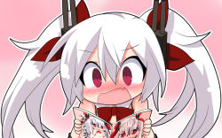 Rule 34 | 1girl, azur lane, blush, covering privates, covering breasts, fang, hair ribbon, manga (object), meta, open mouth, osaragi mitama, reading, red eyes, red ribbon, ribbon, silver hair, simple background, solo, twintails, vampire (azur lane), wide-eyed
