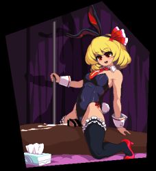Rule 34 | 1boy, 1girl, :d, aftersex, animal ears, bar censor, black thighhighs, blonde hair, breasts, censored, cum, cum on body, dark-skinned male, dark skin, detached collar, handkerchief, high heels, indoors, leotard, looking down, lowres, namako daibakuhatsu, necktie, open mouth, penis, playboy bunny, pole, rabbit ears, rabbit tail, red eyes, red footwear, red neckwear, rumia, sex, short hair, sitting, sitting on person, small breasts, smile, tail, thighhighs, touhou, wrist cuffs