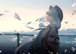 Rule 34 | 1girl, animal ears, arknights, bear ears, beret, blue eyes, blue necktie, blunt bangs, braid, breasts, brown coat, brown hat, chain-link fence, coat, collared shirt, day, fence, hat, istina (arknights), medium hair, necktie, outdoors, paper, ponytail, profile, shirt, silver hair, skade, small breasts, solo, upper body, vest, white shirt, wind