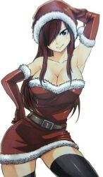 Rule 34 | 1girl, armpits, bare shoulders, belt, breasts, christmas, cleavage, collarbone, dress, elbow gloves, erza scarlet, fairy tail, gloves, hair over one eye, hat, large breasts, long hair, red hair, santa dress, santa hat, smile, solo, thighhighs