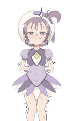 Rule 34 | 1girl, ^^^, absurdres, arms behind back, blush, covered navel, dress, earrings, forehead, full-face blush, highres, jewelry, knees together feet apart, looking at viewer, ojamajo doremi, purple dress, purple eyes, purple hair, segawa onpu, short hair, smile, solo, sweat, trembling, white background, zlix0n