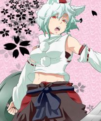 Rule 34 | 1girl, abs, animal ears, bare shoulders, collaboration, colorized, detached sleeves, fangs, female focus, hikimayu, inubashiri momiji, looking at viewer, midriff, navel, open mouth, red eyes, rururu (athletic-meet), shield, short hair, silver hair, solo, somsom, sword, tail, touhou, weapon, wolf ears, wolf tail
