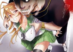 Rule 34 | 1boy, 1girl, ahoge, blood, grabbing another&#039;s breast, breasts, brown hair, cleavage, clenched teeth, drooling, grabbing, hetero, highres, highschool of the dead, imminent rape, jewelry, knife, large breasts, long hair, miyamoto rei, necklace, red eyes, satou shouji, school uniform, serafuku, shoes, shorts, sneakers, tears, teeth, thighhighs, watch, wristwatch, you gonna get raped, zettai ryouiki