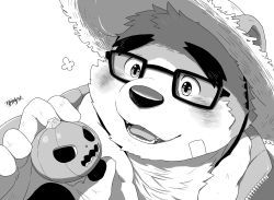 Rule 34 | 1boy, animal ears, animal nose, artist name, bandaid, bandaid on face, bara, bear boy, bear ears, blush, fangs, fangs out, food, furry, furry male, glasses, gloves, greyscale, hat, hijirino yuuta, holding, holding food, holding pumpkin, holding vegetable, jack-o&#039;-lantern, looking at object, male focus, monochrome, open mouth, pumpkin, signature, smile, snout, solo, straw hat, thick eyebrows, tokyo houkago summoners, towel, towel around neck, vegetable, volos (housamo), white background