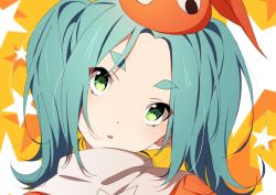 Rule 34 | 1girl, :o, aqua hair, bad id, bad twitter id, commentary request, eyebrows, green eyes, hat, looking at viewer, monogatari (series), ntend, ononoki yotsugi, short eyebrows, short hair, short twintails, solo, thick eyebrows, twintails