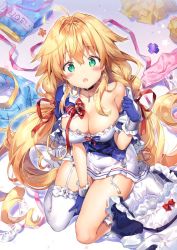 Rule 34 | 1girl, ahoge, apron, azur lane, between legs, blonde hair, blue gloves, blush, braid, breasts, cross, cross earrings, earrings, garter straps, gloves, green eyes, hand between legs, jewelry, large breasts, le temeraire (azur lane), long hair, looking at viewer, low-tied long hair, low twintails, maid apron, maid headdress, nurse, off shoulder, open mouth, pom pom (clothes), red ribbon, ribbon, riichu, sidelocks, single thighhigh, sitting, skirt, unworn skirt, solo, thighhighs, twin braids, twintails, underbust, very long hair, wariza, white thighhighs