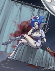 Rule 34 | 1girl, blood, blue hair, bonesaw, breasts, choker, cleavage, crossed legs, curtains, eyepatch, gloves, hat, highres, large breasts, latex, latex gloves, leg wrap, madamerinrin, mask, mask around neck, mouth mask, nurse cap, pink lips, ponytail, red eyes, saw, scar, scar on face, scar on mouth, sitting, skullgirls, smile, solo, surgical mask, valentine (skullgirls)