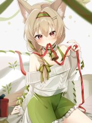 Rule 34 | 1girl, absurdres, animal ear fluff, arknights, beanstalk (arknights), beanstalk (gift uncompleted) (arknights), bell, braid, dress, frilled dress, frills, green dress, green hairband, green nails, hair between eyes, hair ornament, hairband, hairclip, highres, hyena ears, hyena girl, looking at viewer, mouth hold, multicolored nails, nail polish, neck bell, nishimiya aki, off-shoulder sweater, off shoulder, official alternate costume, red eyes, red nails, red ribbon, ribbon, side braid, single braid, sitting, sleeves past wrists, solo, sweater, white sweater