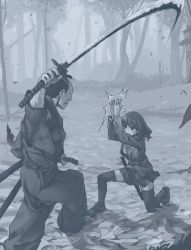 Rule 34 | 1boy, 1girl, black thighhighs, blue theme, chonmage, forest, hamsterfragment, katana, monochrome, nature, no nose, on one knee, original, suicidal girl (hamsterfragment), sword, thighhighs, topknot, weapon