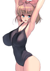 Rule 34 | 1girl, absurdres, ahoge, armpits, arms up, blonde hair, blue eyes, bow, breasts, cowboy shot, hair bow, highres, huge breasts, impossible clothes, impossible swimsuit, kouno (masao), looking at viewer, original, photoshop (medium), red bow, school swimsuit, short hair, solo, swimsuit, white background