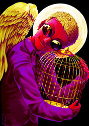 Rule 34 | 1boy, absurdres, aged down, bird, birdcage, black background, blonde hair, cage, child, colored skin, death, donquixote doflamingo, feathered wings, ginkochama, halo, highres, holding, holding cage, looking at viewer, one piece, purple shirt, red skin, shirt, short hair, smile, sunglasses, upper body, wings
