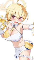 Rule 34 | 1girl, ahoge, armpits, blonde hair, blue archive, blush, breasts, cleavage, collar, detached collar, gloves, halo, highres, holding, holding pom poms, kotori (blue archive), kotori (cheer squad) (blue archive), large breasts, looking at viewer, millennium cheerleader outfit (blue archive), multicolored clothes, multicolored skirt, navel, official alternate costume, open mouth, pom pom (cheerleading), pom poms, red eyes, skirt, smile, solo, thigh strap, umeshiba (eleventhdolls), white background, white collar, white gloves, white skirt, yellow halo, yellow skirt