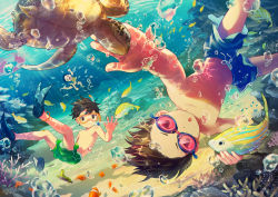 Rule 34 | &gt;o&lt;, 3boys, air bubble, animal, blue hair, blue male swimwear, blue swim trunks, brown eyes, brown hair, bubble, child, clownfish, commentary request, coral, coral reef, diving, diving mask, drawstring, dutch angle, fish, flippers, freediving, goggles, green male swimwear, green swim trunks, holding breath, lifebuoy, male focus, male swimwear, multiple boys, noeyebrow (mauve), ocean, open mouth, original, outstretched arm, pectorals, sea turtle, seafloor, snorkel, stomach, submerged, swim ring, swim trunks, swimming, swimsuit, topless male, toy gun, tropical fish, turtle, underwater, water gun