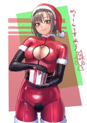 Rule 34 | 1girl, black gloves, blush, bodysuit, breasts, brown eyes, brown hair, christmas, cleavage, cleavage cutout, closed mouth, clothing cutout, elbow gloves, gift, gloves, hat, highres, holding, holding gift, kilye kairi, large breasts, latex, latex gloves, latex suit, looking at viewer, original, red hat, santa hat, shiny clothes, short hair, skin tight, smile, solo, translation request