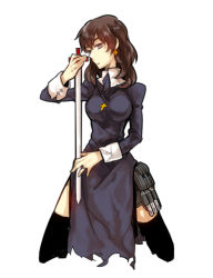 Rule 34 | 1girl, black keys (type-moon), black thighhighs, brown eyes, brown hair, cross, cross earrings, cross necklace, dagger, earrings, fate/zero, fate (series), gender request, genderswap, jewelry, knife, kotomine kirei, long hair, miyakami, necklace, nun, ring, short hair, simple background, solo, thigh strap, thighhighs, weapon, wedding band, white background