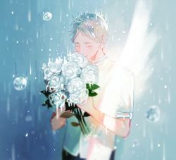 Rule 34 | 1boy, closed eyes, flower, haikyuu!!, leaf, male focus, rain, rose, shirt, solo, tofuvi, wet, white hair
