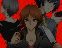 Rule 34 | 1girl, 2boys, atlus, blue eyes, blue hair, breasts, brown hair, grey hair, gun, hanamura yousuke, handgun, headphones, headphones around neck, jacket, knife, multiple boys, narukami yuu, necktie, oomochi, oosuka, persona, persona 4, pistol, red eyes, school uniform, shirogane naoto, short hair, torn clothes, weapon