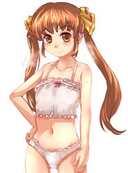 Rule 34 | 1girl, bare shoulders, blush, bow, brown eyes, brown hair, female focus, hair bow, hand on own hip, hip focus, long hair, navel, original, panties, see-through, simple background, smile, solo, standing, suoni (deeperocean), thigh gap, thighs, twintails, underwear, white background