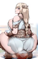 Rule 34 | 1boy, 1girl, angry, artist request, ass, blonde hair, blue eyes, braid, braided ponytail, breasts, dress, femdom, hair ornament, huge breasts, large breasts, long hair, pantylines, ponytail, sitting, sitting on face, sitting on person, smother, sophitia alexandra, soul calibur, steam, sweat, white dress