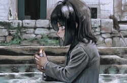 Rule 34 | 1girl, black hair, bottle, broom, candle, fire, green eyes, grey jacket, highres, holding, holding candle, jacket, long sleeves, looking afar, makai (67makai), original, outdoors, parted lips, profile, short hair, sidelocks, sideways mouth, solo