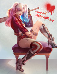 Rule 34 | 1girl, animification, baseball bat, batman (series), blonde hair, blue eyes, blue hair, boots, choker, colored tips, cross-laced footwear, dc comics, dccu, fan yang (jiuge), fingerless gloves, gloves, gradient hair, harley quinn, heart, high heel boots, high heels, jacket, lace-up boots, letterman jacket, lips, lipstick, long hair, looking at viewer, makeup, matching hair/eyes, multicolored hair, nail polish, nose, over shoulder, pink hair, single thighhigh, sitting, solo, stool, striped clothes, striped thighhighs, suicide squad, tattoo, thigh strap, thighhighs, twintails, two-tone hair, vertical-striped clothes, vertical-striped thighhighs, weapon, weapon over shoulder