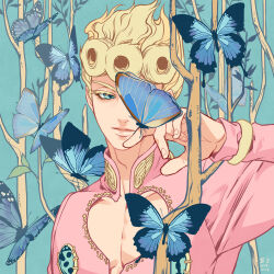 Rule 34 | 1boy, banysun, blonde hair, blue eyes, branch, bug, butterfly, butterfly on hand, cleavage cutout, clothing cutout, colored eyelashes, giorno giovanna, insect, jojo no kimyou na bouken, long sleeves, male focus, one eye covered, pectoral cleavage, pectorals, solo, upper body, vento aureo