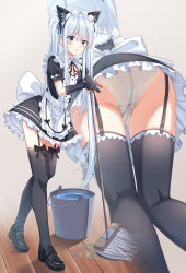 Rule 34 | 1girl, :o, absurdres, animal ear fluff, animal ears, apron, ass, black bow, black dress, black footwear, black gloves, black thighhighs, blue eyes, blush, bow, breasts, bucket, cameltoe, cat ears, cleaning, cleavage, commentary request, crotch seam, dress, frilled dress, frills, garter straps, gloves, highres, holding, holding mop, kemonomimi mode, lace, lace-trimmed panties, lace trim, light particles, loafers, long hair, looking at viewer, maid, maid apron, maid headdress, mop, multiple views, original, panties, pantyshot, parted lips, puffy short sleeves, puffy sleeves, shoes, short sleeves, sidelocks, small breasts, standing, thighhighs, thighs, twintails, underwear, very long hair, waist apron, water, white hair, white panties, wing collar, wooden floor, xue lu, zettai ryouiki