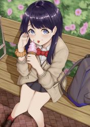 Rule 34 | 10s, 1girl, backpack, bag, bench, black hair, black skirt, blue eyes, blurry, blurry background, blush, bow, bowtie, brown cardigan, brown footwear, cardigan, collared shirt, commentary request, day, depth of field, dress shirt, flower, food, food on face, gridman universe, highres, holding, holding food, ice cream, ice cream cone, ice cream on face, loafers, long hair, long sleeves, on bench, orange scrunchie, outdoors, park bench, pink flower, pleated skirt, red bow, red bowtie, red socks, scrunchie, shirt, shoes, shooene, sitting, skirt, socks, soft serve, solo, ssss.gridman, takarada rikka, tongue, tongue out, white shirt, wrist scrunchie