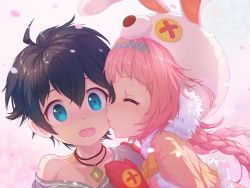 Rule 34 | 1boy, 1girl, animal hat, black hair, blue eyes, blush, braid, button eyes, buttons, closed eyes, collarbone, commentary request, falling petals, gakuencho, gloves, gradient background, hat, headbamd, hetero, jewelry, kiss, kissing cheek, long hair, mimi (princess connect!), necklace, open mouth, petals, pink background, pink hair, portrait, princess connect!, rabbit hat, simple background, surprised, twin braids, white background
