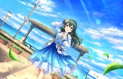 Rule 34 | 1girl, artist request, bag, bare shoulders, blue skirt, blue sky, blush, breasts, brown eyes, cloud, day, earrings, gradient skirt, green hair, hair between eyes, hair ornament, idolmaster, idolmaster cinderella girls, idolmaster cinderella girls starlight stage, jewelry, lace, lace-trimmed skirt, lace trim, leaf, long hair, long skirt, long sleeves, looking at viewer, ocean, official art, ohishi izumi, open mouth, outdoors, skirt, sky, smile, solo, sunlight