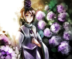 Rule 34 | 1girl, alternate hair color, backlighting, bad id, bad pixiv id, blue eyes, brown hair, commentary request, flower, grey eyes, hat, hat ribbon, hydrangea, jan (lightdragoon), japanese clothes, light, light particles, long hair, long sleeves, looking at viewer, mononobe no futo, pom pom (clothes), ponytail, ribbon, shirt, short hair, silver hair, skirt, smile, solo, standing, sunlight, tate eboshi, touhou, wide sleeves