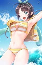 Rule 34 | 1girl, adda, armpits, bikini, black hair, blue eyes, blue sky, breasts, cleavage, cloud, cowboy shot, hairband, highres, hololive, looking at viewer, medium breasts, navel, oozora subaru, oozora subaru (hololive summer 2019), open mouth, outstretched arms, polka dot hairband, round teeth, short hair, sky, smile, solo, striped bikini, striped clothes, swimsuit, teeth, thighs, upper teeth only, virtual youtuber, yellow bikini