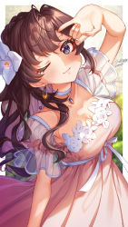 Rule 34 | 1girl, :3, absurdres, ahoge, alternate costume, alternate hairstyle, blue eyes, blurry, blurry background, blush, braid, breasts, brown hair, choker, cleavage, closed mouth, collarbone, dress, earrings, flower, glint, gold, hair flower, hair ornament, highres, ichinose shiki, idolmaster, idolmaster cinderella girls, jewelry, leaning to the side, long dress, looking at viewer, medium breasts, nail polish, one eye closed, outside border, pendant choker, pink dress, ribbon, sallyzaemon, see-through, see-through sleeves, short sleeves, signature, solo, square neckline, upper body