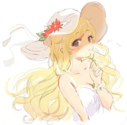 Rule 34 | 1girl, bare shoulders, blonde hair, blue eyes, collarbone, commentary, dress, flower, flower on head, gat (korean traditional hat), highres, holding, holding flower, long hair, looking at viewer, original, parted lips, red flower, shaded face, simple background, sketch, sleeveless, smelling, solo, upper body, wenquangua, white background, white flower