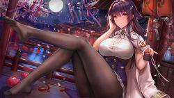 Rule 34 | 1girl, azuma (azur lane), azur lane, bad id, bad yandere id, black hair, black pantyhose, bra, bra visible through clothes, breasts, d. (ddot2018), feet, flower, hair between eyes, hair ornament, highres, jacket, jacket on shoulders, lace, lace-trimmed bra, lace trim, large breasts, looking at viewer, pantyhose, skirt, underwear, white flower, white skirt, yellow eyes