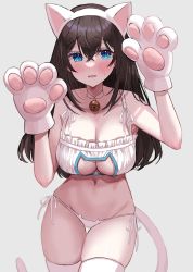 Rule 34 | 1girl, absurdres, animal ears, animal hands, bell, black hair, blue eyes, blush, breasts, cat cutout, cat lingerie, cat paws, cat tail, clothing cutout, fake animal ears, grey background, highres, idolmaster, idolmaster cinderella girls, large breasts, long hair, meme attire, neck bell, panties, parted lips, paw pose, rum raisin (chihiromakita19), sagisawa fumika, side-tie panties, simple background, skindentation, solo, tail, thighhighs, underwear, white thighhighs
