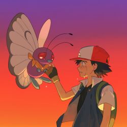 Rule 34 | 1boy, antennae, ash ketchum, backpack, bag, bandana, bandana around neck, baseball cap, black gloves, black hair, black shirt, black undershirt, blue jacket, bug, butterfree, colored skin, compound eyes, creatures (company), crying, crying with eyes open, evening, fang, fang out, fingerless gloves, flying, from side, game freak, gen 1 pokemon, gloves, gradient background, green bag, hand up, hat, insect wings, jacket, male focus, nintendo, open clothes, open jacket, orange background, p oxo7, parted lips, pokemon, pokemon (anime), pokemon (classic anime), pokemon (creature), profile, purple background, purple skin, reaching towards another, red eyes, red hat, sad, scene reference, shirt, short hair, short sleeves, solid eyes, spiked hair, streaming tears, tearing up, tears, white sleeves, wings, yellow bandana