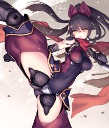 Rule 34 | 1girl, android, arm blade, black hair, bow, covered navel, doll joints, fate/grand order, fate (series), hair bow, joints, katou danzou (fate), leg up, long hair, nidy, open mouth, ponytail, scarf, solo, weapon, wrist blades, yellow eyes