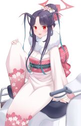 Rule 34 | 1girl, absurdres, black hair, blue archive, blush, colored inner hair, flower, fur collar, furisode, fuuka (blue archive), hair bun, hair flower, hair ornament, halo, highres, horns, japanese clothes, kimono, kyujuukyu, long hair, long sleeves, motor vehicle, multicolored hair, open mouth, pinching sleeves, pom pom (clothes), pom pom hair ornament, red eyes, scooter, sitting, smile, solo, wide sleeves