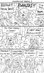 Rule 34 | 3koma, 6+girls, admiral (kancolle), anger vein, animal, bag, beret, bird, bong, clothed animal, collared shirt, comic, commentary, crossover, detached sleeves, double bun, dress, drugs, emphasis lines, english commentary, english text, explosion, explosive, facing away, fleeing, flying sweatdrops, fubuki (kancolle), fur hat, gangut (kancolle), girls&#039; frontline, grenade, greyscale, guin guin, hair between eyes, hair bun, hand grenade, hat, headgear, highres, holding, holding bag, jacket, kantai collection, kasumi (kancolle), kongou (kancolle), long hair, long sleeves, m14 (girls&#039; frontline), mg5 (girls&#039; frontline), michishio (kancolle), military jacket, monochrome, multiple girls, nagant revolver (girls&#039; frontline), neck ribbon, non-human admiral (kancolle), nontraditional miko, open mouth, paper bag, penguin, pinafore dress, pleated dress, pleated skirt, ribbon, ribbon-trimmed sleeves, ribbon trim, richelieu (kancolle), sailor collar, school uniform, serafuku, shirt, short sleeves, side ponytail, skirt, sleeveless, sleeveless dress, smoke, smoking, snot, squatting, sweat, teardrop, twintails, v-shaped eyebrows, very long hair