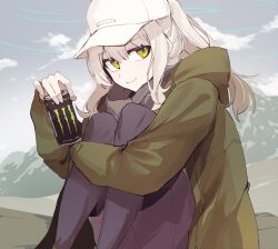 Rule 34 | 1girl, blue archive, blush, can, drink, drink can, energy drink, eri (erikiri), green eyes, green jacket, grey hair, halo, hare (blue archive), hare (camp) (blue archive), hat, highres, holding, holding can, holding drink, jacket, long hair, long sleeves, monster energy, official alternate costume, ponytail, scarf, white headwear