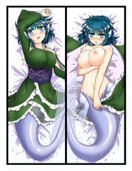 Rule 34 | 1girl, arm up, bed sheet, blue eyes, blue hair, blush, breast hold, breasts, completely nude, covered erect nipples, dakimakura (medium), fins, framed, head fins, japanese clothes, kimono, large breasts, lying, mermaid, monster girl, multiple views, nipples, nude, on back, open mouth, short hair, touhou, wakasagihime, wet, wide sleeves, yazuki gennojou
