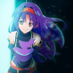Rule 34 | 1girl, ahoge, armor, arms behind back, bare shoulders, breastplate, chreest, chromatic aberration, detached sleeves, hairband, highres, leotard, long hair, looking at viewer, parted bangs, pointy ears, purple hair, red eyes, red hairband, skirt, smile, solo, sword art online, yuuki (sao)