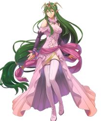 Rule 34 | 1girl, boots, breasts, detached sleeves, dragon girl, dress, female focus, fire emblem, fire emblem: mystery of the emblem, fire emblem heroes, full body, green eyes, green hair, hair ornament, highres, jewelry, long hair, low twintails, medium breasts, nagi (fire emblem), nintendo, non-web source, official art, okaya mrh, pink dress, pointy ears, solo, thigh boots, thighhighs, tiara, transparent background, twintails, very long hair