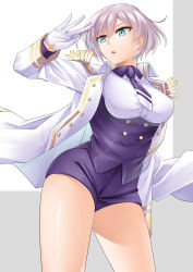 Rule 34 | 1girl, absurdres, blue eyes, breasts, gloves, gold trim, gridman universe, hand up, highres, jacket, large breasts, long sleeves, mujina, necktie, purple necktie, short hair, shorts, simple background, solo, ssss.dynazenon, standing, thighs, uniform, white jacket, wreath (lit)